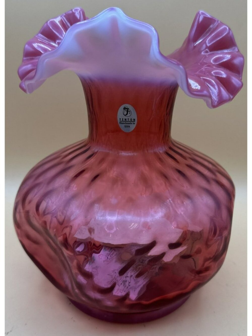 Fenton Cranberry Opalescent Glass Vase  ruffle top 8 Vintage